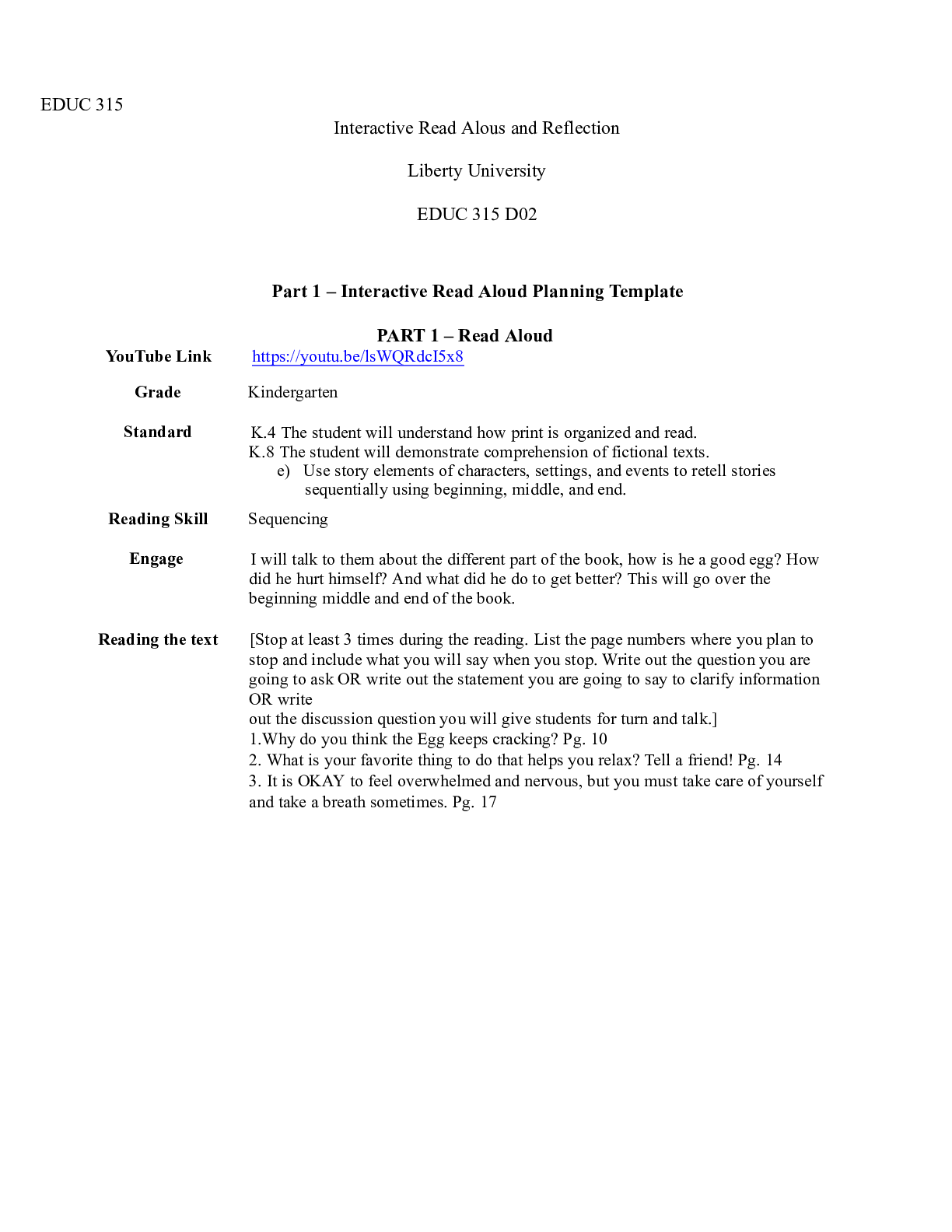 Preview image of Interactive  Read  Aloud Reflection.docx    EDUC 315  Interactive Read Alous and Reflectio document